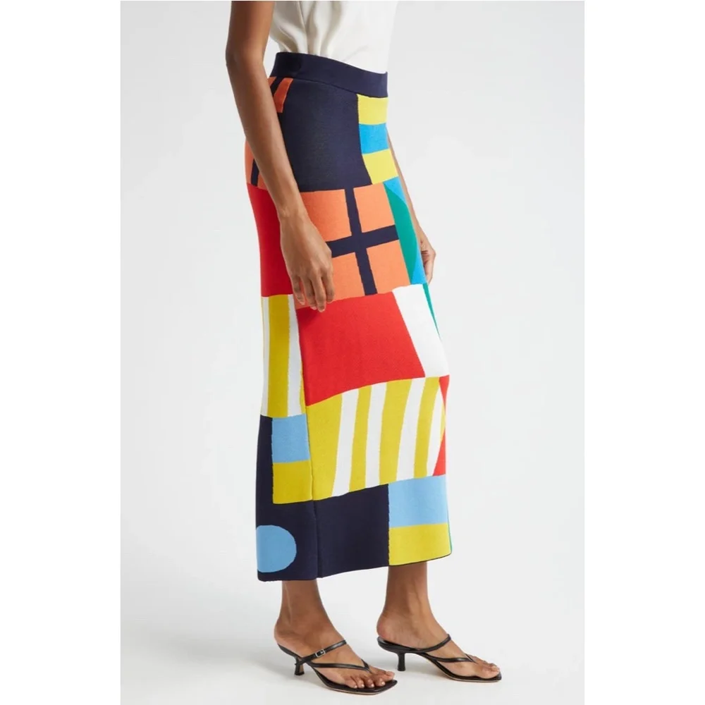 Staud Karina Knit Midi Skirt Sails Up Medium NEW Geometric Colorblock